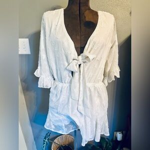 White Floral Tie Front Romper Ruffle Sleeve Lightweight Casual Cute